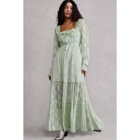 Free People Yara Maxi Dress Women's Size Small Mint Green Puff‎ Sleeve Tiered - Picture 2 of 9